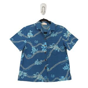 Bank of Hawaii Women S Blouse Top Blue Collared Floral Button Custom Company VTG